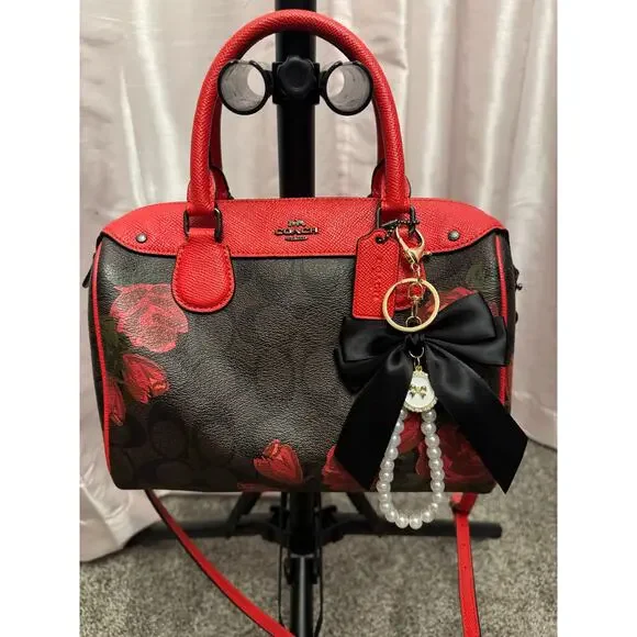 STUNNING Coach Rowan Red Leather Trim black, brown & Rose Print - Picture 8 of 12